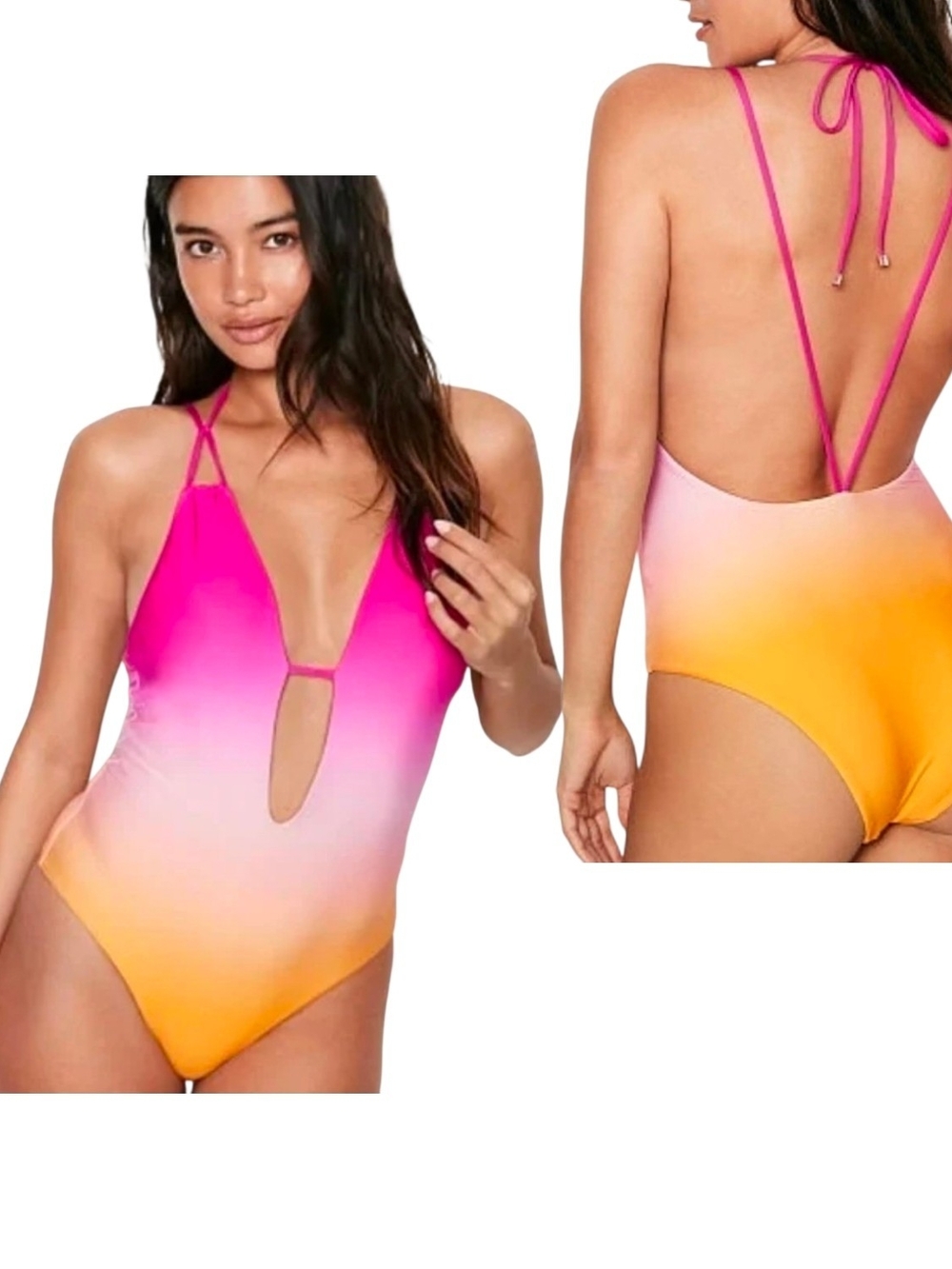 Victorias Secret Pink Yellow Ombre V Plunge One Piece Swimsuit Medium Tropical